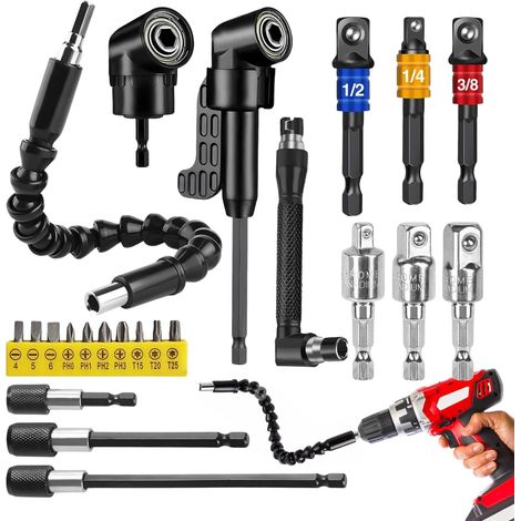 JSSEVN - 23-Piece Right Angle Screwdriver Attachment Kit with Screwdriver Bit, Right Angle Attachment, Extension Wrench, and Other Accessories - Ideal for DIY Repairs (1/5)