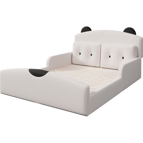 Cama plataforma 140 x 200 cm de lino con cabecero de oso y 2 cojines, blanco (1/5)