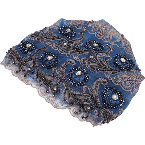 Turban pour femme avec perles et tresses, chapeau turban, foulard, bonnet, dentelle, queue de poisson, pompon, bleu paon