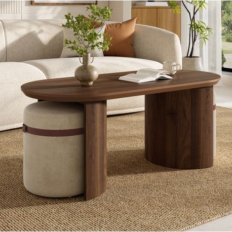 Tavolino ovale con 2 sgabelli imbottiti 108x50x44 cm, salvaspazio, MDF e pino finitura noce (1/5)