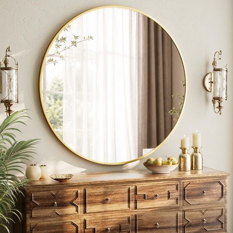 Miroir rond de 100 cm, cadre en aluminium incassable, miroir mural, miroir de salle de bain, peut être suspendu ou posé, adapté pour chambre à coucher, salle de bain, salon, doré (1/5)
