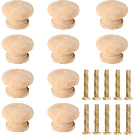 Lot de 10 boutons de placard ronds en bois de hêtre avec vis – Boutons de placard de cuisine, d'armoire, de tiroir de placard (27 mm x 21 mm) (1/5)