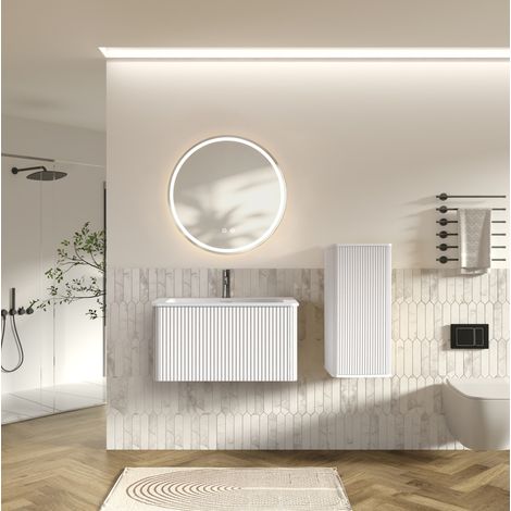 Set mobili bagno bianco con lavabo e specchio LED da 80 cm con mobile laterale (1/5)