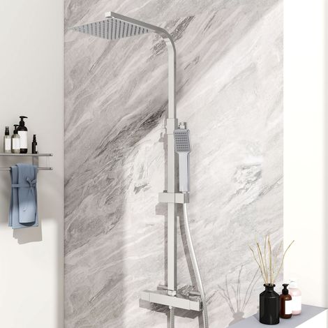 AICA Square Thermostatic Bathroom Shower Mixer Set Chrome Exposed Valve Twin Head Set (1/5)