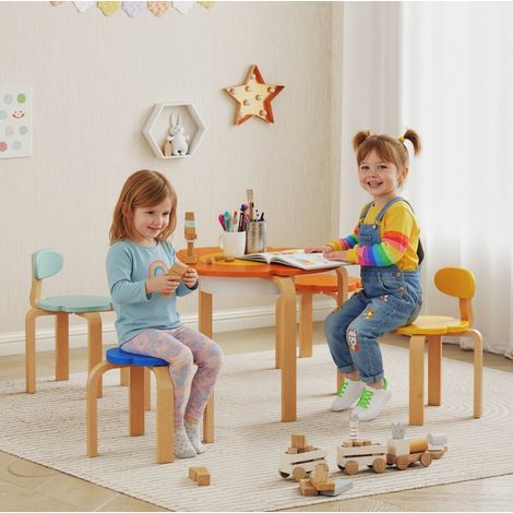 Conjunto de mesa y sillas para niños, 5 piezas, forma de flor, madera, multicolor OKMYHOME (1/5)
