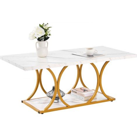 Mesa Auxiliar con Aspecto de Mármol, Mesa Rectangular de 2 Niveles con Estructura Metálica, Patas Geométricas y Capacidad de Carga de 95 kg, Blanca, para Sofá u Oficina, 120 x 59,5 x 48 cm (1/5)