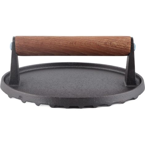 Presse à steak ronde pour barbecue, en fonte avec manche en bois, pour griller, rôtir et frire la viande. (1/5)