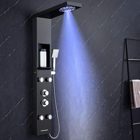 Panneau de douche avec robinet et étagère LED noir, colonne de douche 5 fonctions, douche pluie et brouillard, 4 buses de massage réglables à grand angle, douchette à main et bec de baignoire (1/5)