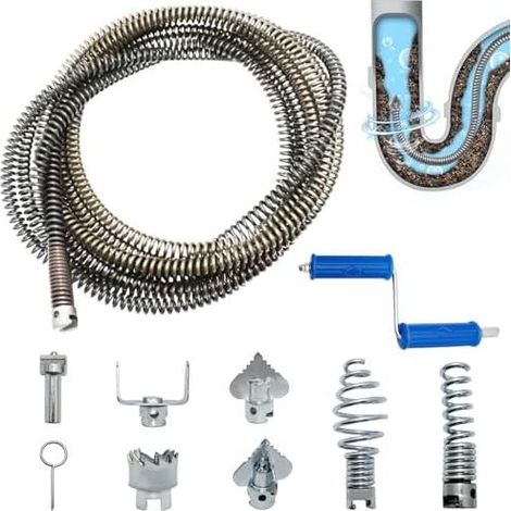Deboucheur Canalisation Professionnel 5m x12mm, Evier avec Manivelle, 8 Pièces Dragage Nettoyeur Adaptateurs éLectriques, Pratique et Efficace pour WC - (1/5)