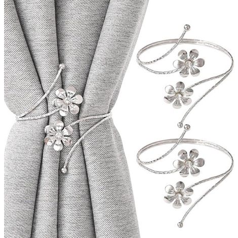 2 fermatende pieghevoli in metallo argentato a forma di fiore, supporti decorativi per tende per la casa e l'ufficio. (1/5)