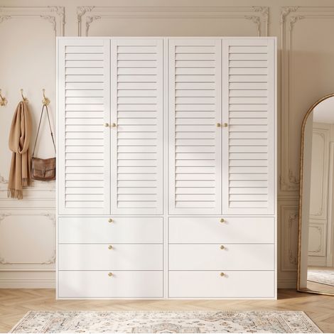 Armoire 4 portes, 6 tiroirs et 2 tringles en panneau de particules blanc 180 x 50 x 200 cm OKWISH (1/5)