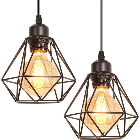 Lot de 2 Suspension Luminaire Métal E27 Design Cage Géométrique Noir Réglable Pour Couloir Entrée Cuisine