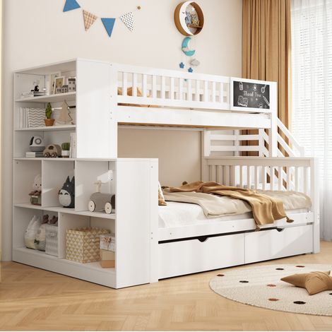 Etagenbett aus Kiefernholz Weiß 90x200/140x200 cm mit Treppe, Stauraum und Tafel (1/5)