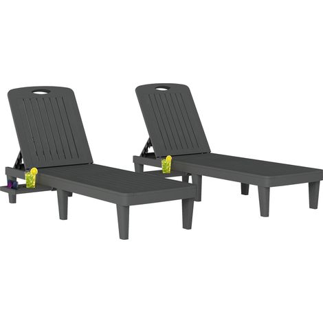 Lot de 2 chaises longues de jardin inclinables en plastique PP avec plateau latéral, dossier réglable à 5 niveaux, résistantes aux intempéries, pour plage, piscine, gris (1/5)