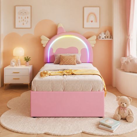 MEUBLIV Letto bambino 90x200 cm rosa – con letto estraibile e testiera unicorno, senza materasso (1/5)