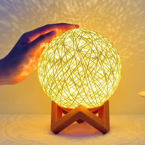 Veilleuse LED, Lampe de Chevet, Lampe d'Ambiance de Chambre en Rotin et Bois, USB RechargeableBouton,enfichable 15 cm ,support (1/5)