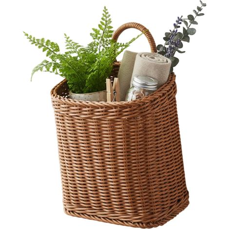 Panier suspendu en osier, mural tressé pour porte d'entrée, avec poignée fleurs, petites plantes (1/5)