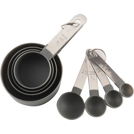 Set di 8 misurini. Include 4 misurini e 4 cucchiai dosatori con manici in acciaio inossidabile. Set di misurini e cucchiai dosatori in plastica per liquidi. (1/5)