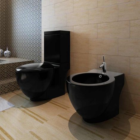 vidaXL Ensemble de toilette et bidet sur pied Noir Céramique (1/5)