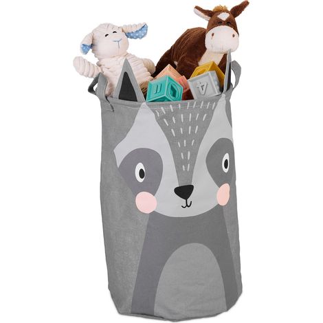 Relaxdays Aufbewahrungskorb für Kinder, Waschbär-Motiv, faltbar, H x D: 55 x 33 cm, Spielzeugkorb mit Henkeln, grau