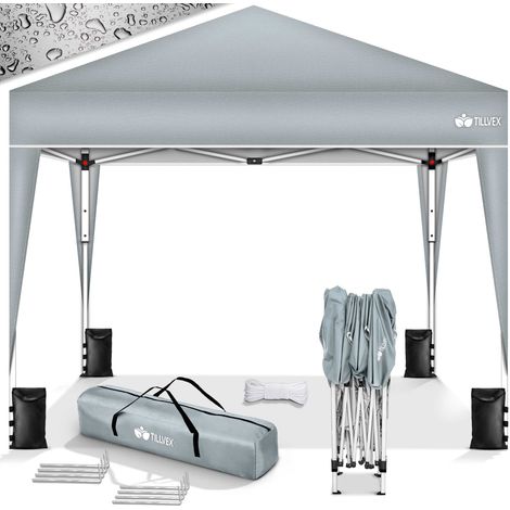 tillvex Pavillon 3x3m wasserdicht Grau + 4er Set Sandsäcke Pop-Up Faltpavillon stabil & höhenverstellbar Gartenzelt UV Schutz 50+ Partyzelt mit Tasche für Garten