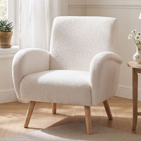 Wahson Fauteuil de salon en fausse fourrure – Pieds en bois massif – Assise en éponge haute densité – Pour salon et chambre – Blanc