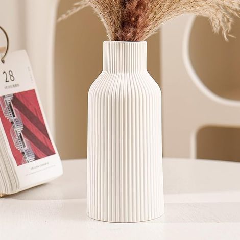 Jarrón para Hierba de Las Pampas, 20 cm, Cerámica Negro Mate, Redondo, Diseño Moderno, Bohemio para Decoración, Flores, Salón, Dormitorio (Blanco) (1/5)