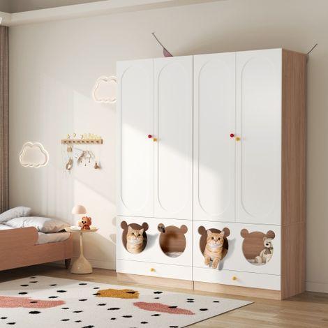 Rattankleiderschrank,2-türige Kleiderschränke, Kleiderschrank, mit Kleiderstange und Stauböden, aus MDF und lackierten Fronten, Schlafzimmerkleiderschrank
