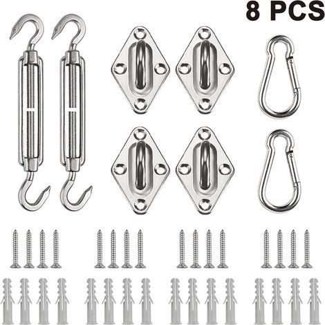 Kit de fixation pour voile d'ombrage en 8 pièces : 2 tendeurs en acier inoxydable, 2 mousquetons et 4 accessoires de fixation murale pour voile d'ombrage permettant une installation sécurisée des voil (1/4)