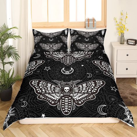 Parure de lit, 135 x 200 cm, motif de crâne, adolescents, squelette, bohème, mandala, pour adulte, décoration de chambre à coucher (1 housse de couette et 1 taie d'oreiller) (1/5)