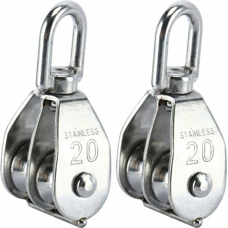 Lot de 2 blocs de poulie double en acier inoxydable 304 avec crochet pivotant à double poulie (M20) (1/5)