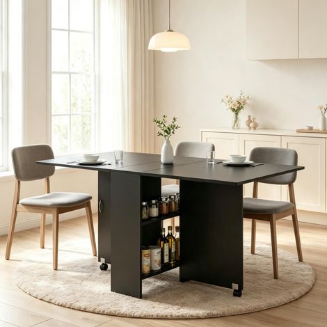 Table à manger extensible et pliante 75x140x74 cm, avec roulettes, rangement discret, noir (1/5)