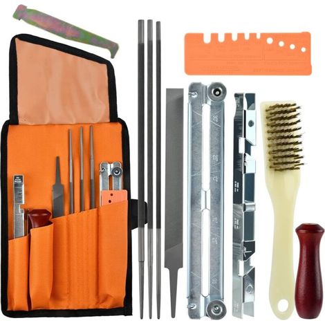 11PCS Kit d'Affûtage Universel pour Affutage Chaine de Tronconneuse Portable Kit Affutage Chaine Tronçonneuse avec Limes Rondes 4/4,8/5,5mm Lime Plate Manche Guide de Lime et Pochette (1/5)