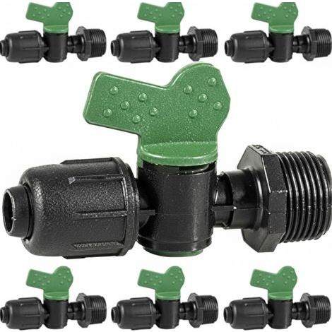 Valve d'arrêt pour tuyau d'irrigation goutte à goutte 16 mm x 1/2'' Lot de 10 (1/5)