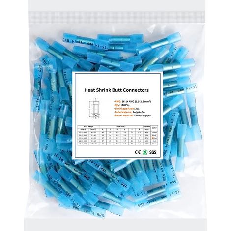 Lot de 100 connecteurs bout à bout thermorétractables bleus, sertis étanches pour câbles électriques 16-14 AWG, pour applications marines et câblage. (1/5)