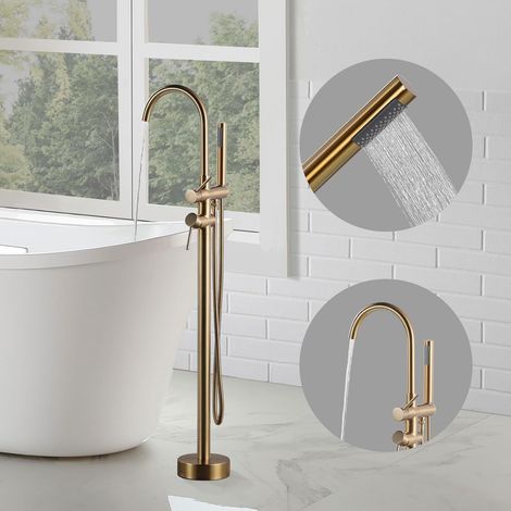 Robinet de Baignoire sur Pied, Robinet de Bain avec Douchette et Tuyaux, Bec Pivotant À 360°, Mitigeur Cartouche en Céramique, Douche à Double Mode, pour Baignoires d'Hôtel ou Domestiques, Or (1/5)