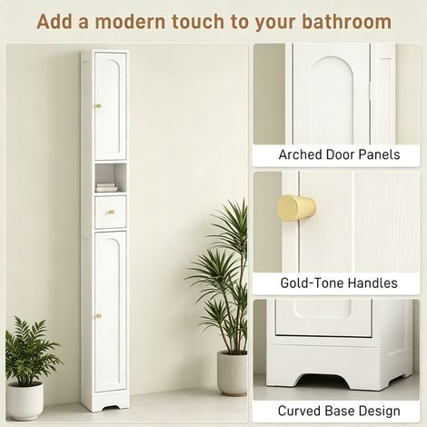 Narrow Tall Bathroom Cupboard White 20 x 20 x 185 cm, Slim Storage Unit with Arched Doors, Drawer & Adjustable Shelving (1/5)