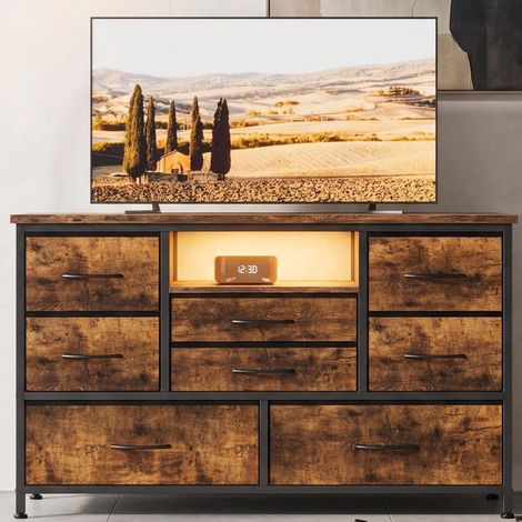Meuble télé marron rustique à 8 tiroirs avec éclairage RGB et prise électrique, salon (1/5)