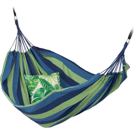 Relaxdays Hängematte Baumwolle, BxT: 150 x 190 cm, mit Befestigungsset, bis 300 kg, tragbar, Stabhängematte, blau-grün
