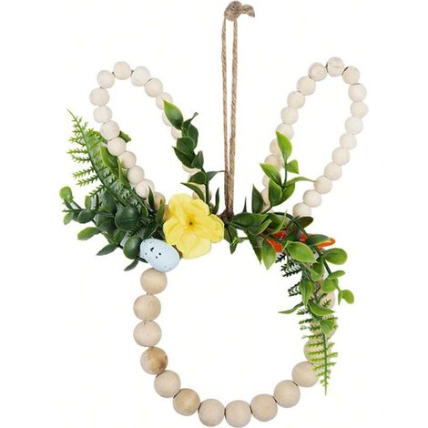 Ensemble de 4 pièces : couronne de Pâques lapin, couronne lapin avec perles en bois, couronne de Pâques printanière suspendue avec fleurs, pour décoration de porte d'entrée, fenêtre ou mur de maison (1/4)