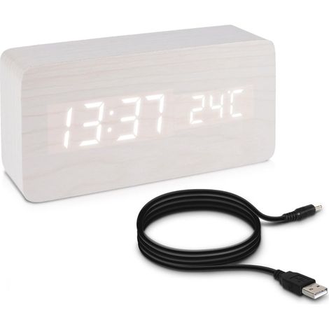 Réveil LED en bois - Horloge numérique aspect bois - Réveil tactile avec date, heure et température (1/5)