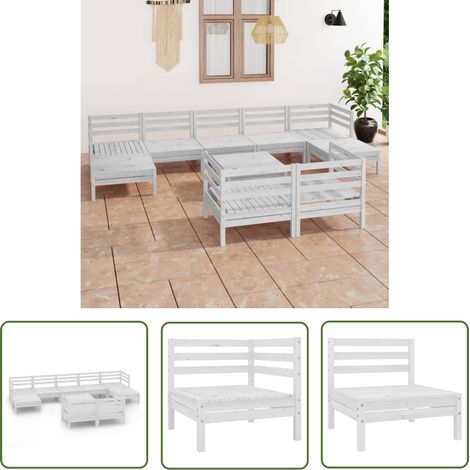 The Living Store 10-tlg. Garten-Lounge-Set Weiß Massivholz Kiefer - Gartenmöbel - Loungesessel - Gartenloungeset - Rattan Möbel - Holz Gartenmöbel (1/5)