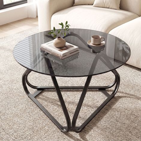 Round coffee table with tempered glass top, modern table with metal frame and adjustable feet 80 cm Black (1/5)
