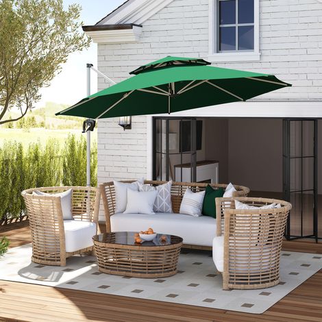 Parasol Excéntrico Ø292 cm con Manivela Giro 360° Inclinación Ajustable Doble Techo y Base Cruzada Verde Oscuro (1/5)