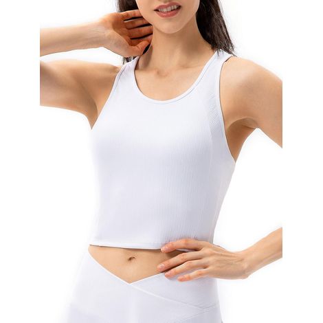 Damen-Yoga-Tanktop mit integriertem BH, Sport-BH für Workout, Laufen, Fitnessstudio und Zuhause – Größe M, Weiß