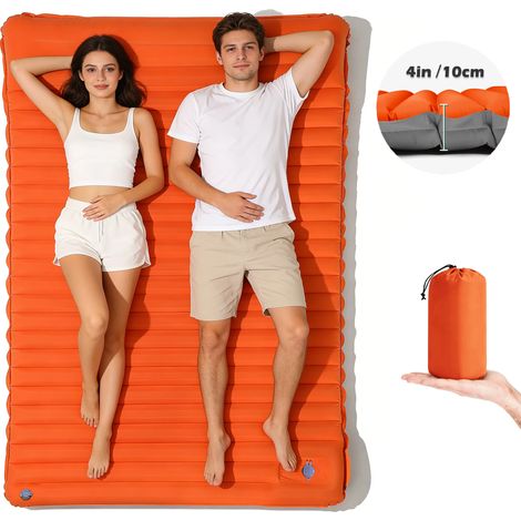 (Orange) Tapis gonflable double couche de 4 pouces d'épaisseur, gonflage rapide, portable, adapté à la randonnée. (1/5)