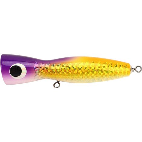 Gros leurre Popper en bois de tilleul, couleur attrayante et design réfléchissant, 18 cm, 120 g, idéal pour la pêche au bar, au thon, à la truite GT et au thon rouge. Coloris : violet et jaune. (1/5)