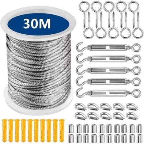 Kit de corde de 30 m, câble en acier inoxydable, câble métallique, câble en acier inoxydable avec tendeur et crochet de suspension léger, équipement d'escalade, corde à linge, garde-corps (1/5)
