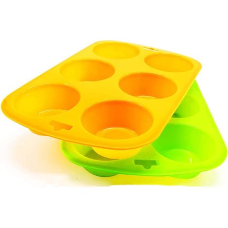2 pack 6 trous Muffin Plateau - Moule de bouffin en silicone et boulangerie à cupcakes (orange + vert) (1/5)
