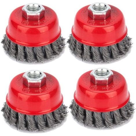 Lot de 4 brosses coniques, meuleuses, brosse métallique, brosse coupelle torsadée, brosses de ponçage pour meuleuse d'angle, élimination de la corrosion, Ø 75 mm, M142 (1/4)